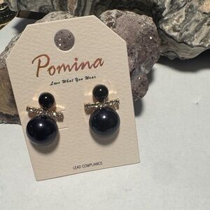 Pomina Black Bead Drop Earrings with Crystal Bar Accent Gold Tone NWT